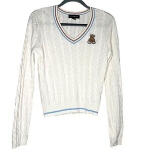 Social Scene White Cable Knit Teddy‎ Bear V Neck Sweater XL